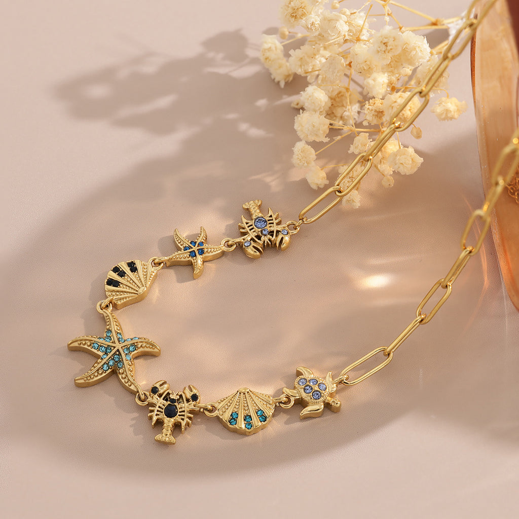 Ocean Creature Blue CZ Paperclip Chain Necklace | 18K Gold Plated 316L Stainless Steel | Wholesale OEM