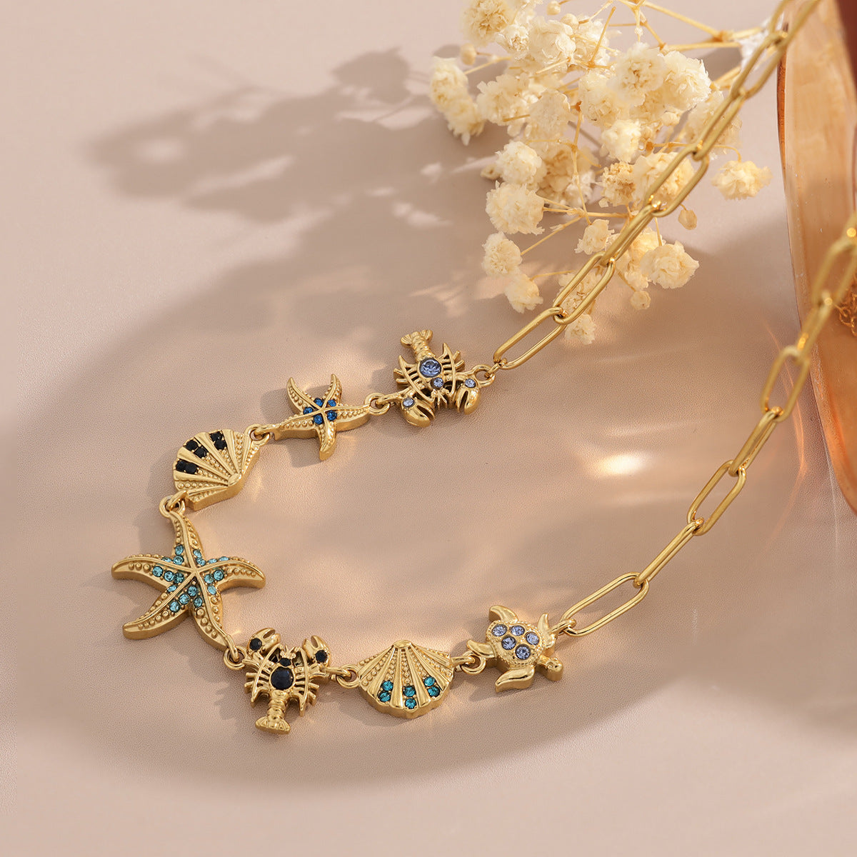 Ocean Creature Blue CZ Paperclip Chain Necklace | 18K Gold Plated 316L Stainless Steel | Wholesale OEM