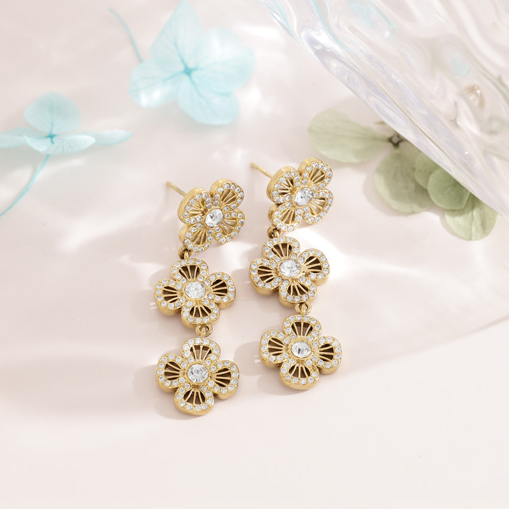 Triple Flower Pave CZ Drop Earrings | 18K Gold Plated 316L Stainless Steel | Wholesale OEM