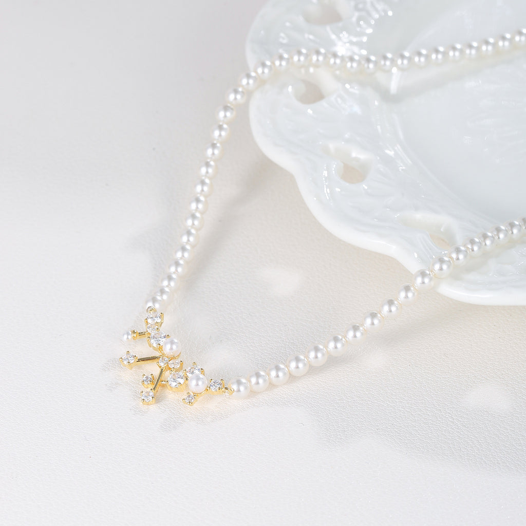 Lustrous Pearl Strand Necklace with CZ Cluster Pendant | 18K Gold Plated Brass | Wholesale OEM