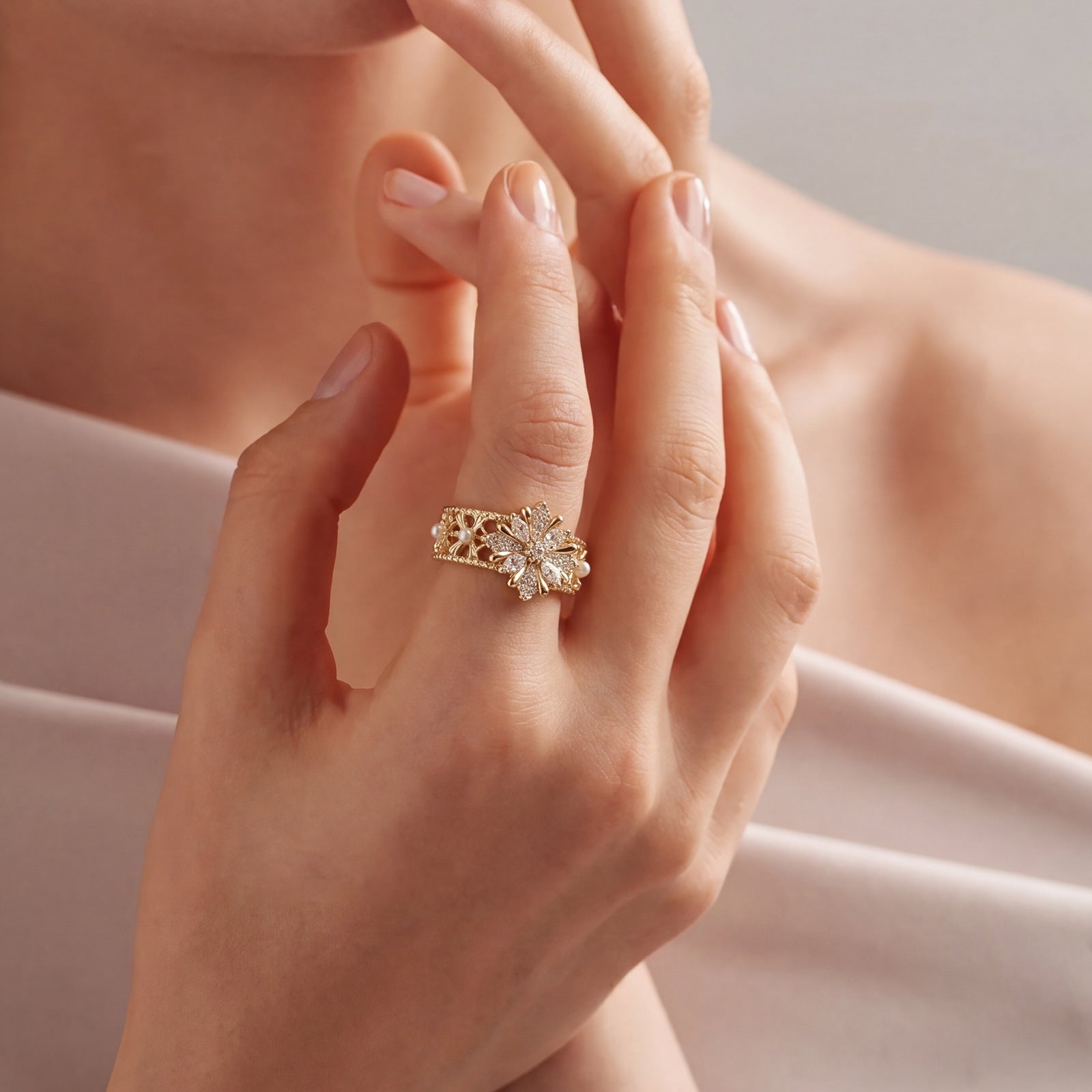 Vintage Floral CZ Pearl Hollow Open Ring | 18K Gold Plated Brass | Wholesale OEM