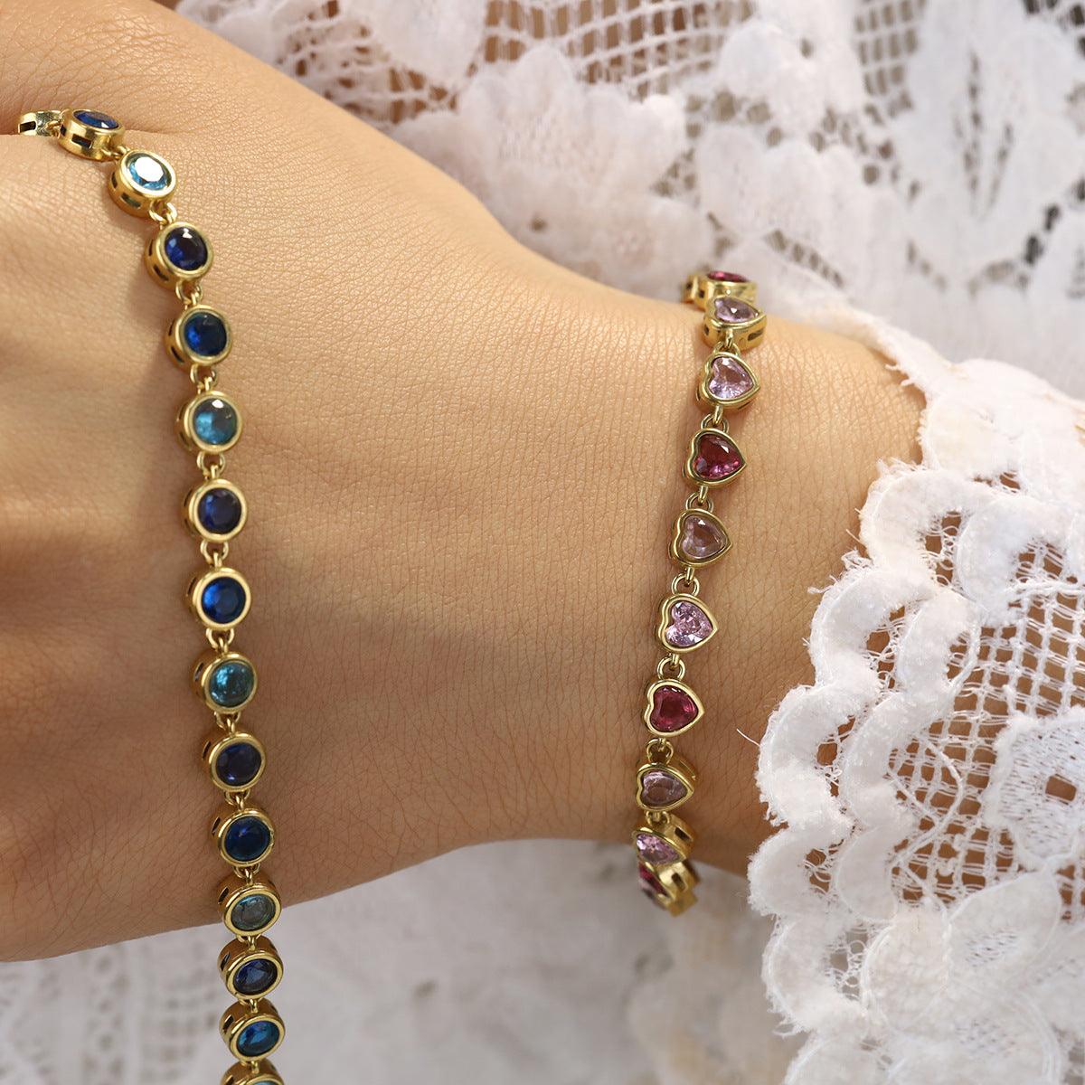 Blue Round CZ Bezel Link Bracelet | 18K Gold Plated 316L Stainless Steel | Wholesale OEM