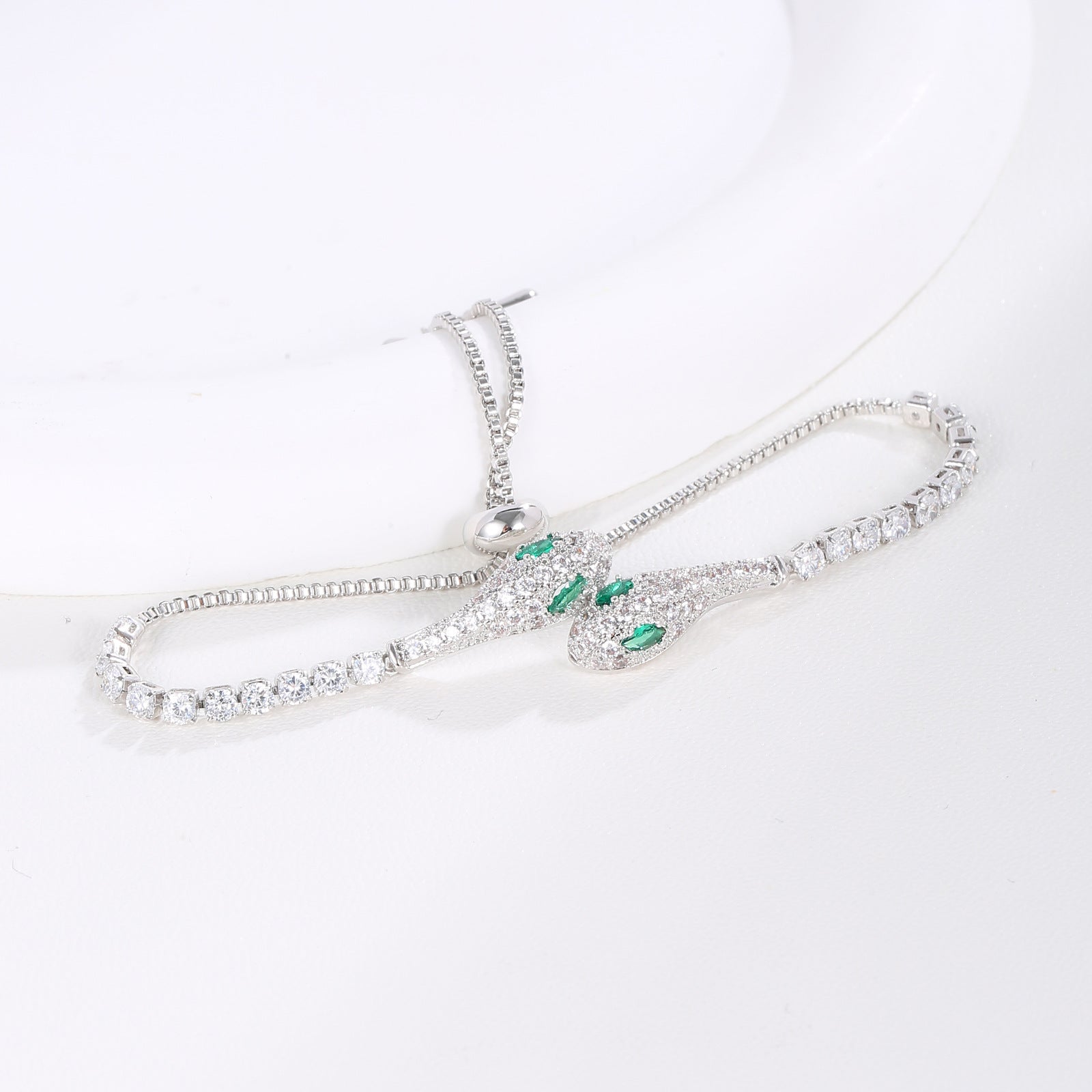Emerald Eye Pavé CZ Double Snake Head Adjustable Tennis Bracelet | Silver Plated Brass | Wholesale OEM