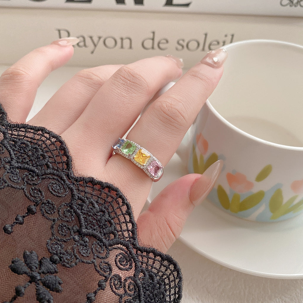 Rainbow Princess Cut CZ Halo Open Band Ring | Silver Plated Brass | Wholesale OEM