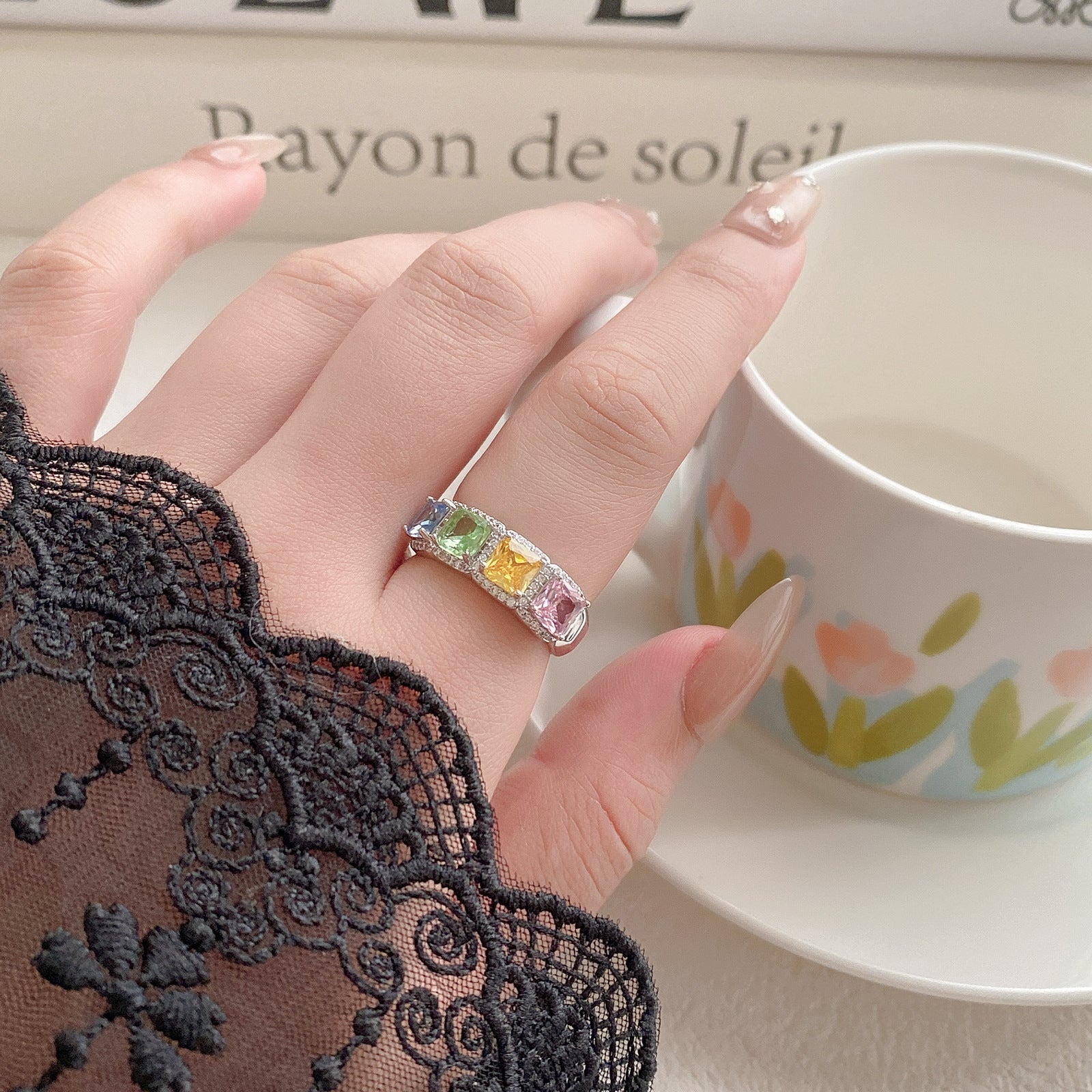 Rainbow Princess Cut CZ Halo Open Band Ring | Silver Plated Brass | Wholesale OEM
