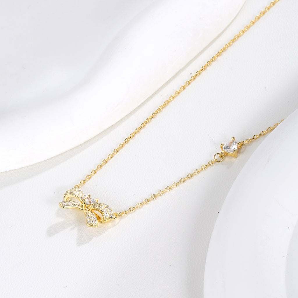 Pavé Clear CZ Bow Pendant Dainty Chain Necklace | 18K Gold Plated Brass | Wholesale OEM