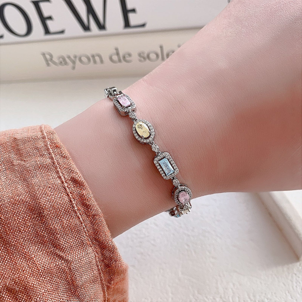 Multicolor Mixed Cut CZ Halo Link Bracelet | Silver Plated Brass | Wholesale OEM