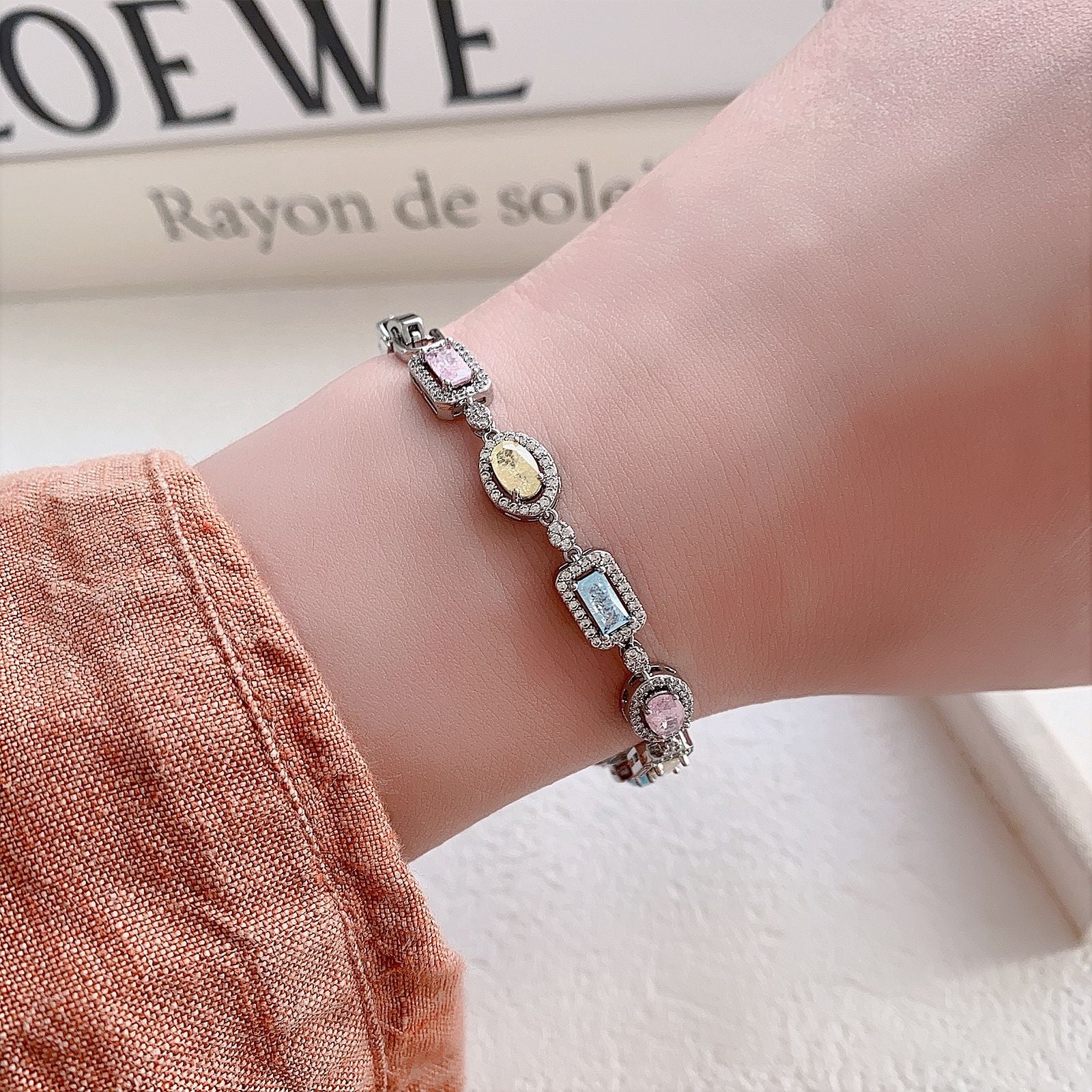 Multicolor Mixed Cut CZ Halo Link Bracelet | Silver Plated Brass | Wholesale OEM