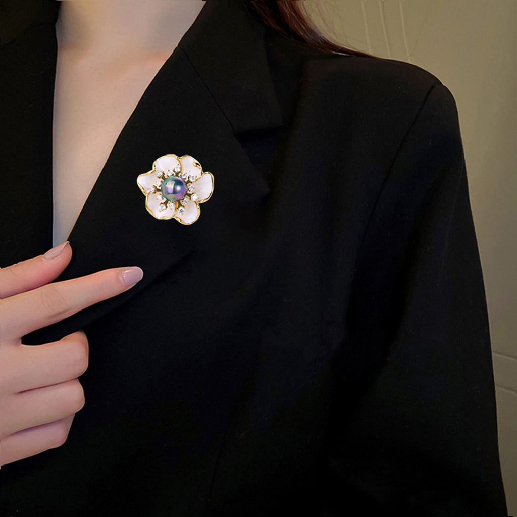 White Enamel Floral Brooch with Iridescent Pearl & CZ Halo | 18K Gold Plated Brass | Wholesale OEM