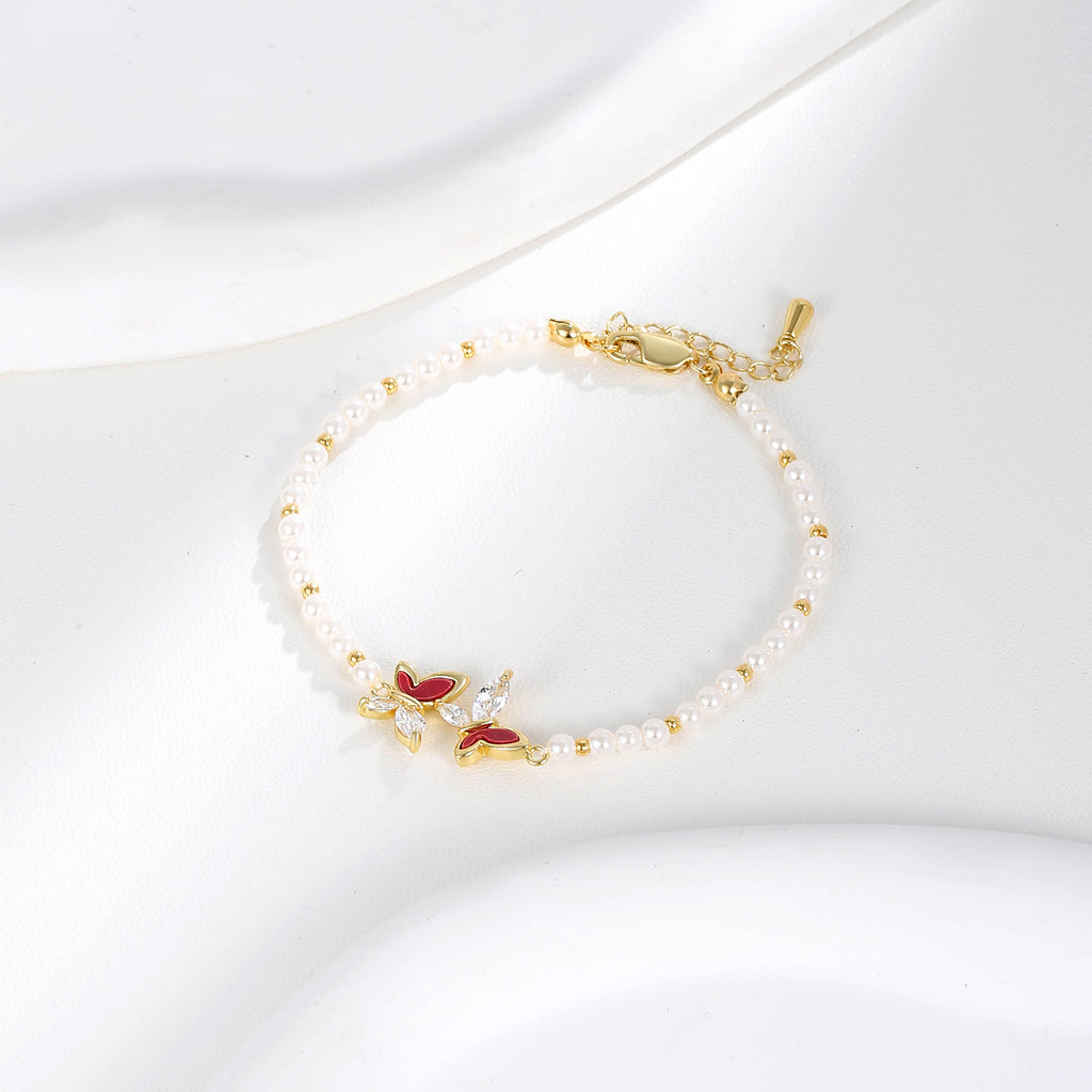 Red Enamel & Marquise CZ Butterfly Pearl Beaded Bracelet | 18K Gold Plated Brass | Wholesale OEM