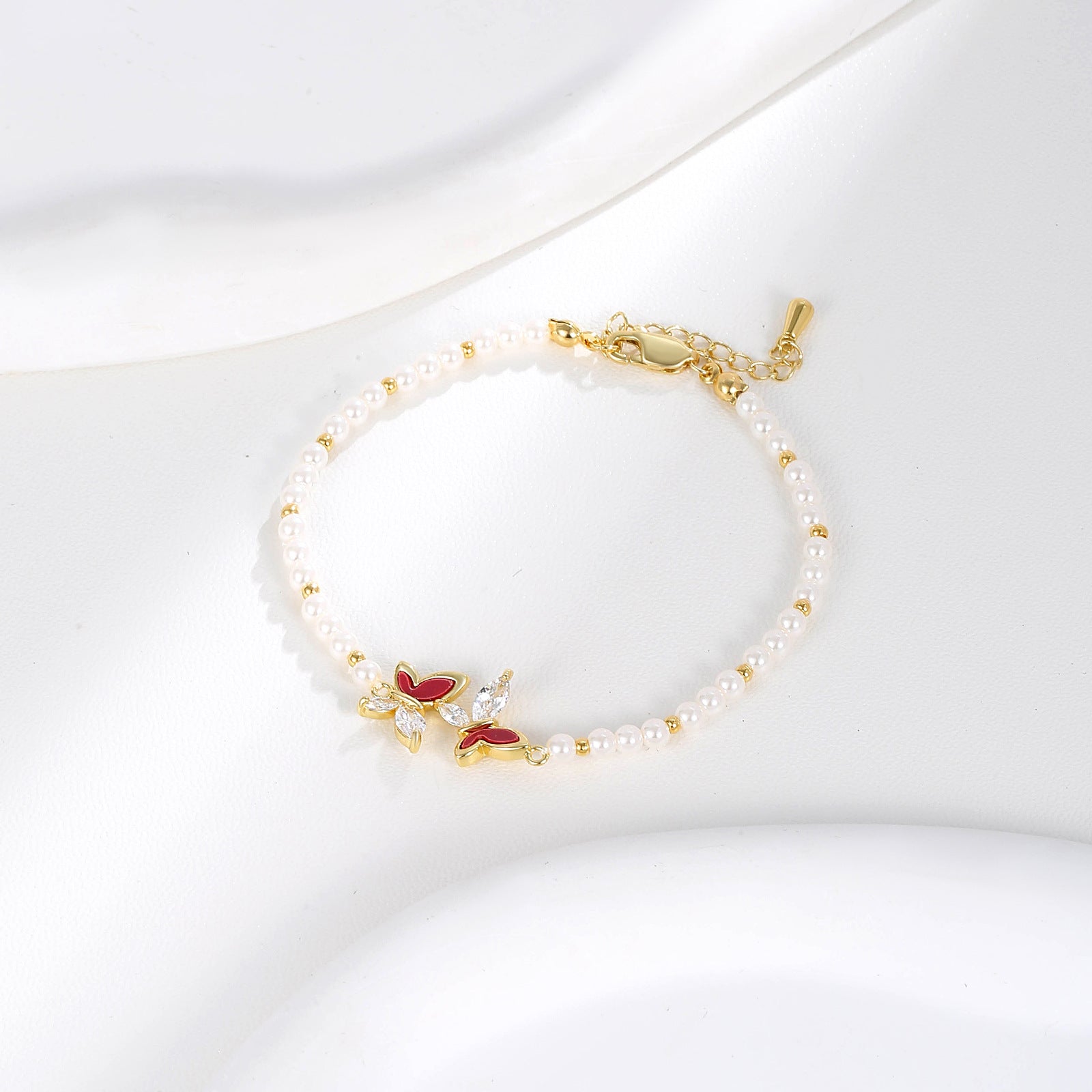 Red Enamel & Marquise CZ Butterfly Pearl Beaded Bracelet | 18K Gold Plated Brass | Wholesale OEM