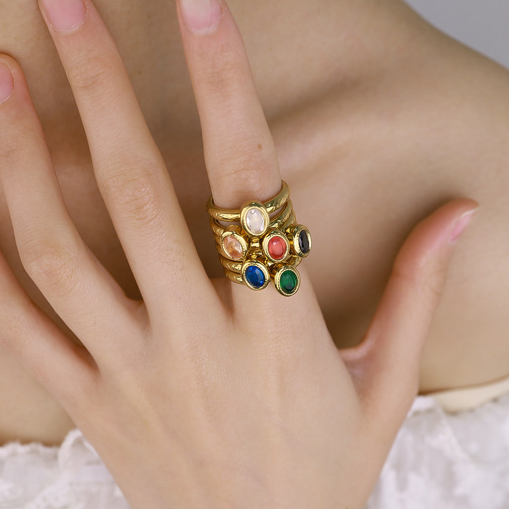 Oval Zircon Hammered Ring | 18K Gold Plated 316L Stainless Steel | Adjustable Wholesale