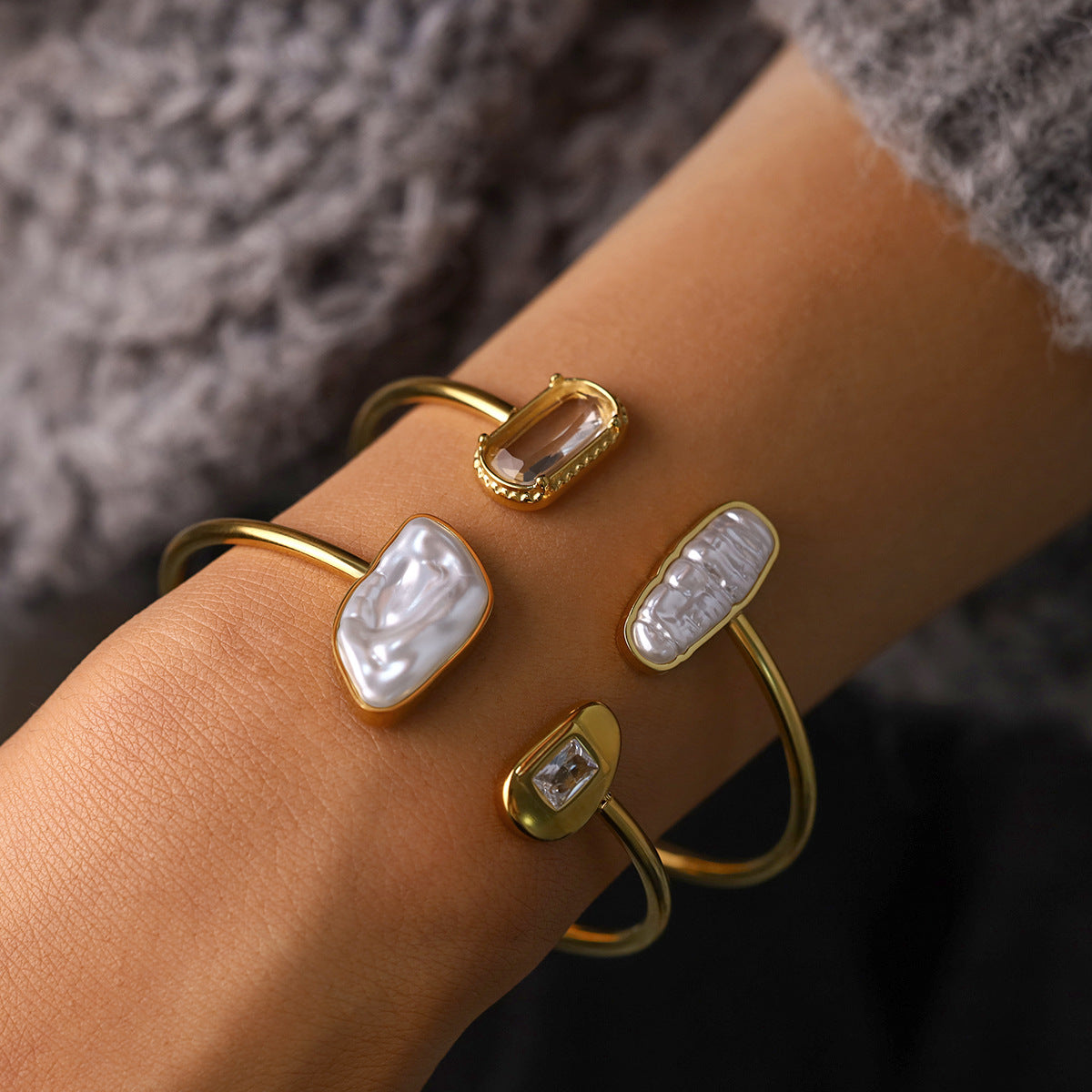 Baroque Pearl Open Cuff Bangle | 18K Gold Plated 316L Stainless Steel | Wholesale OEM
