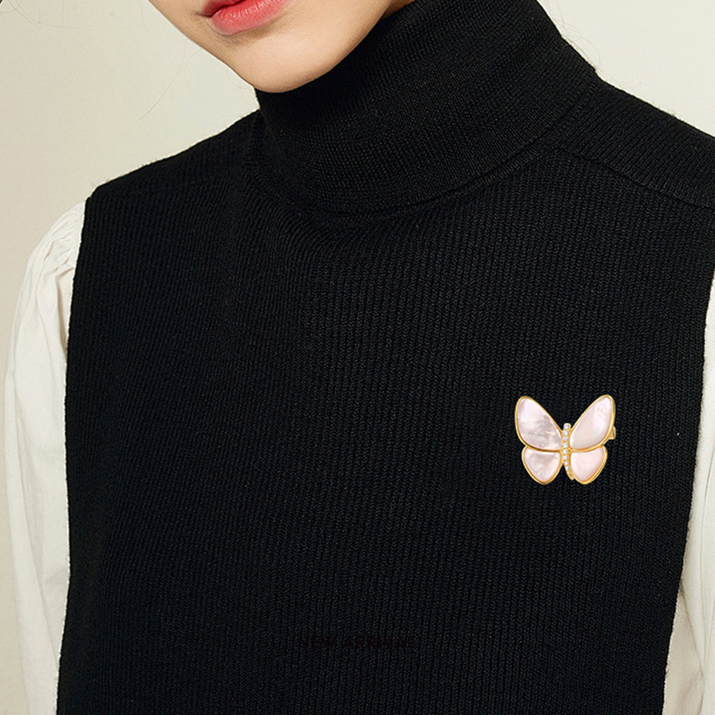 Mother of Pearl Butterfly Brooch with Pavé CZ Body | 18K Gold Plated Brass | Wholesale OEM