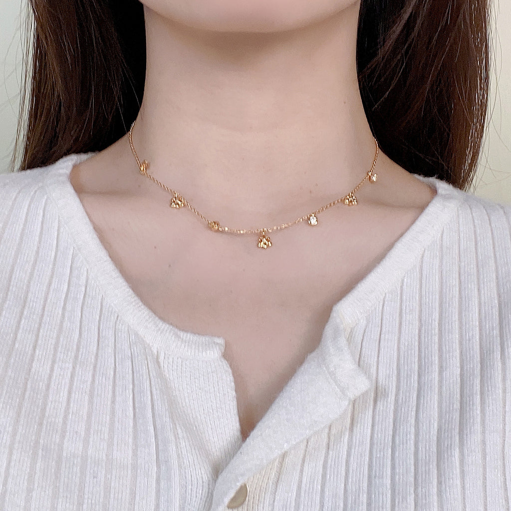 Dainty Fleur-de-lis & Star CZ Charm Station Necklace | 18K Gold Plated Brass | Wholesale OEM
