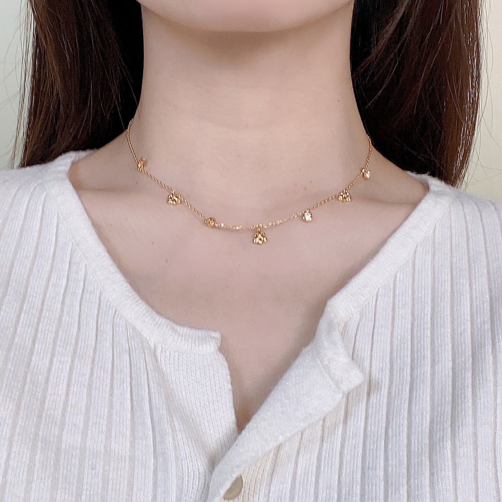 Dainty Fleur-de-lis & Star CZ Charm Station Necklace | 18K Gold Plated Brass | Wholesale OEM