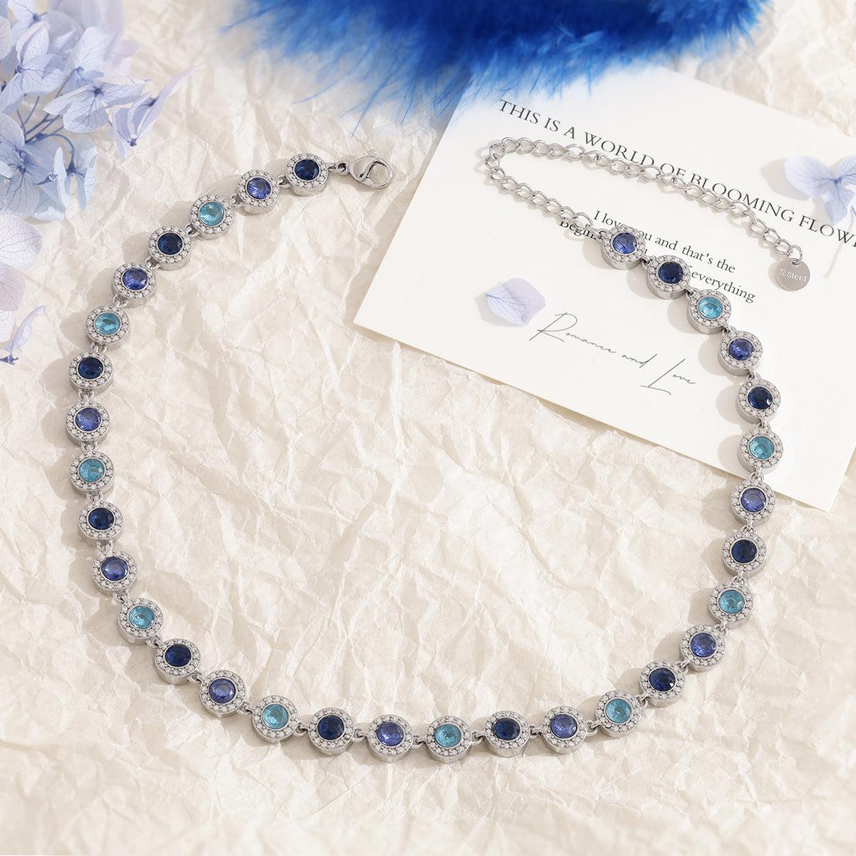 Gradient Blue CZ Halo Tennis Necklace | Silver Tone 316L Stainless Steel | Wholesale OEM