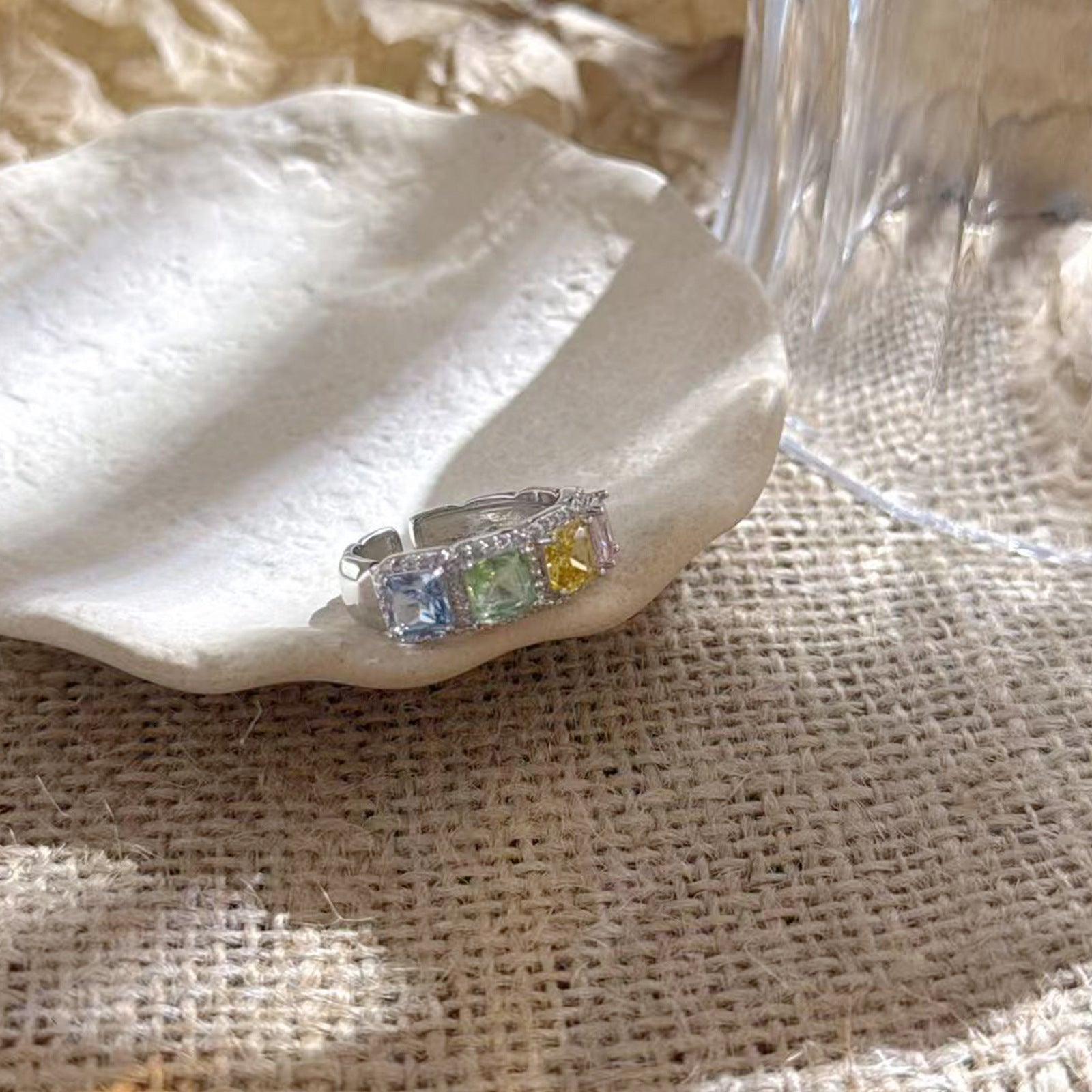 Rainbow Princess Cut CZ Halo Open Band Ring | Silver Plated Brass | Wholesale OEM