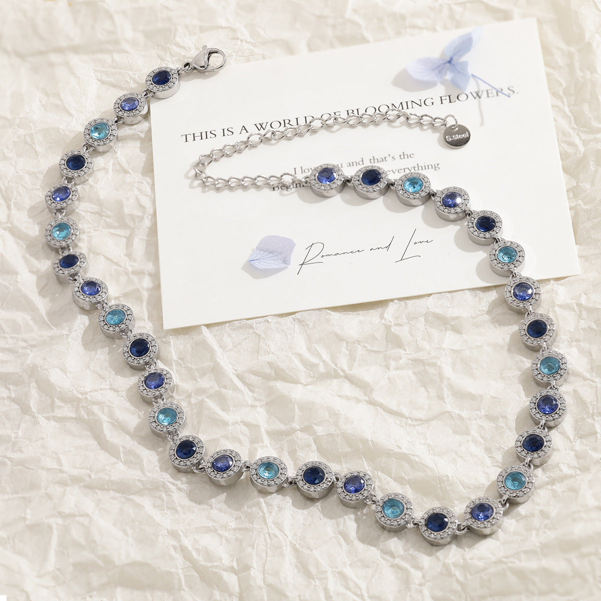 Gradient Blue CZ Halo Tennis Necklace | Silver Tone 316L Stainless Steel | Wholesale OEM