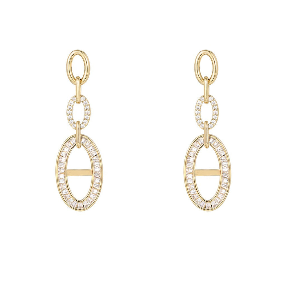 Baguette & Round CZ Linked Oval Drop Earrings | 18K Gold Plated Brass | Wholesale OEM