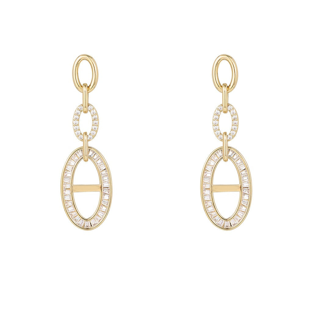 Baguette & Round CZ Linked Oval Drop Earrings | 18K Gold Plated Brass | Wholesale OEM