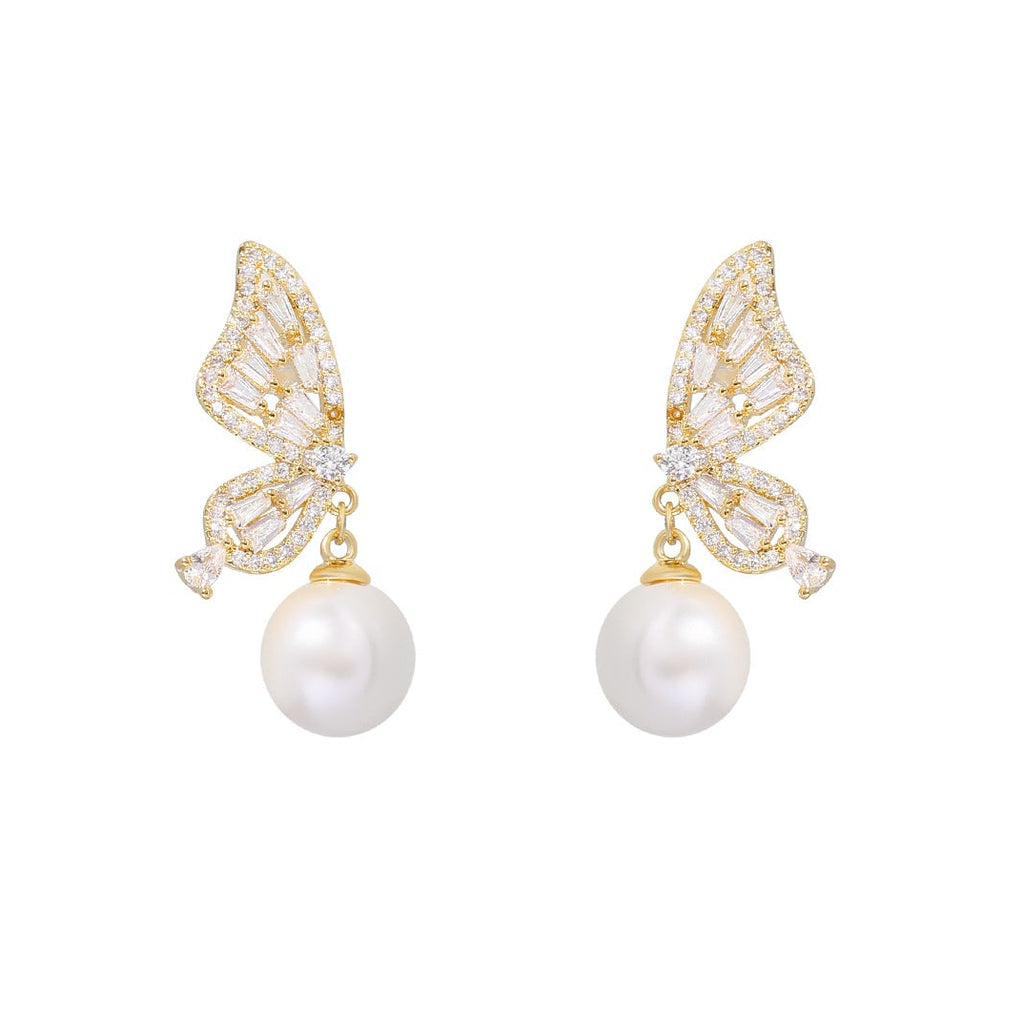 Baguette CZ Butterfly Pearl Drop Earrings | 18K Gold Plated Brass | Wholesale OEM
