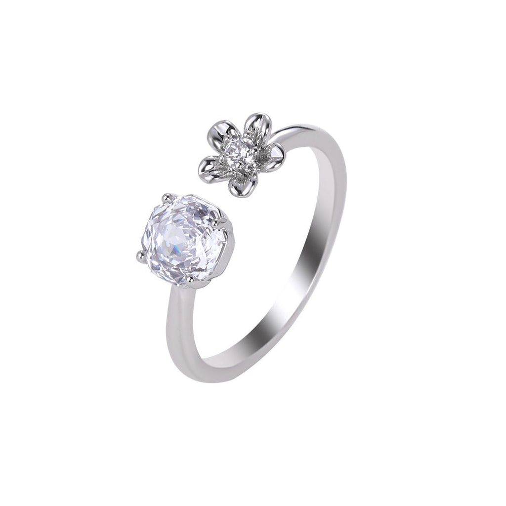 Cushion Cut CZ Flower Open Ring | Silver Plated Brass | Wholesale OEM