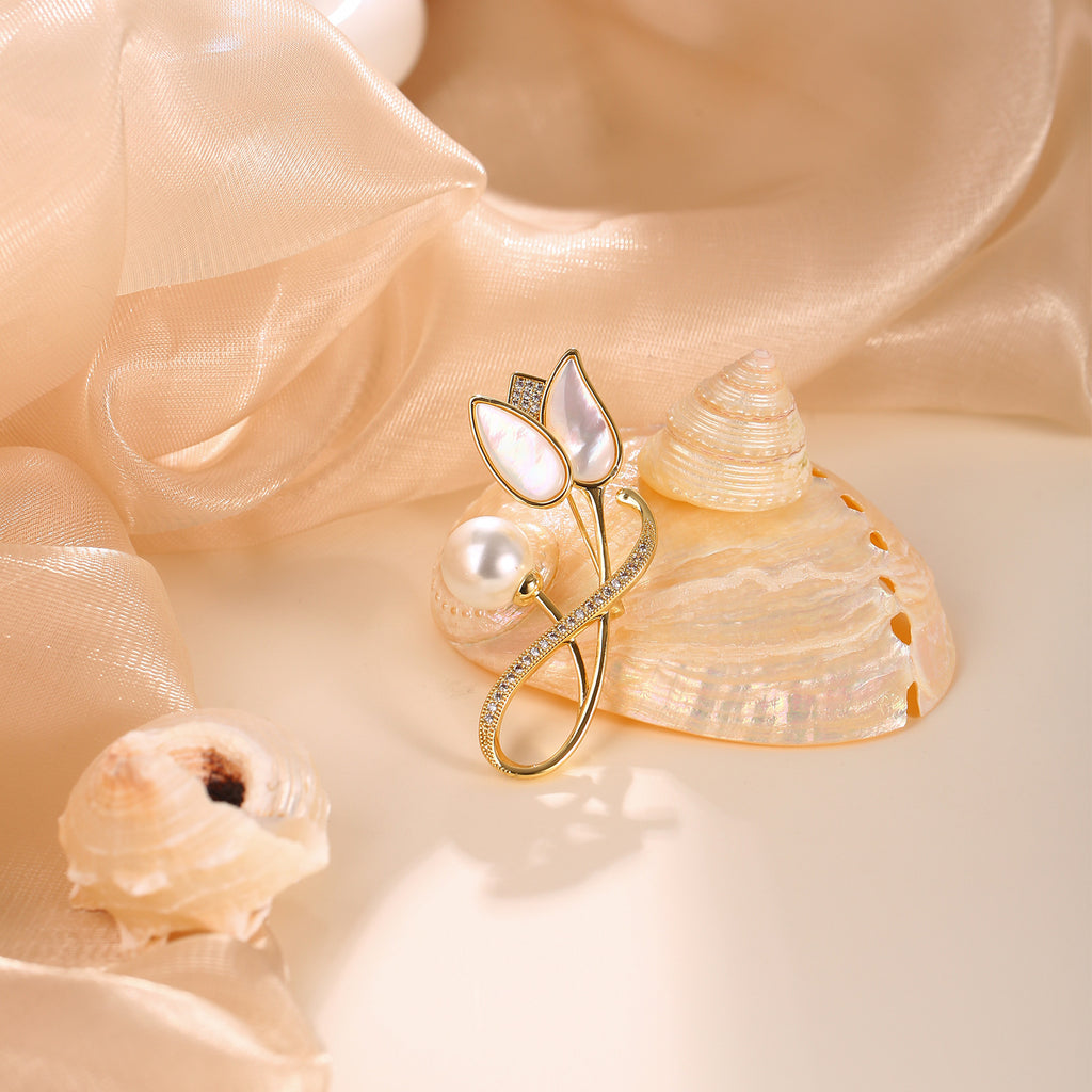 Mother of Pearl Tulip Brooch with Pearl & Pavé CZ Stem | 18K Gold Plated Brass | Wholesale OEM