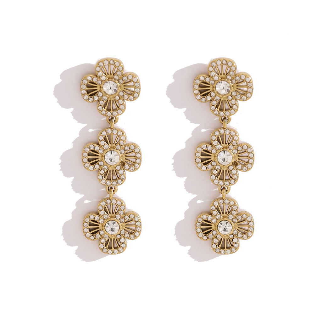 Triple Flower Pave CZ Drop Earrings | 18K Gold Plated 316L Stainless Steel | Wholesale OEM