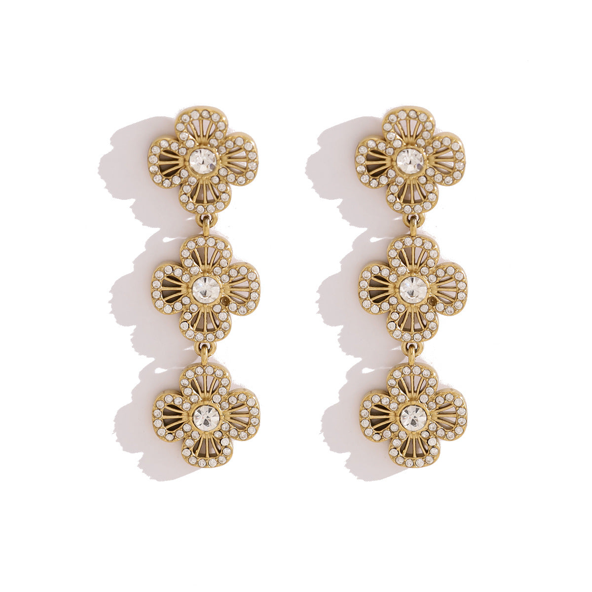 Triple Flower Pave CZ Drop Earrings | 18K Gold Plated 316L Stainless Steel | Wholesale OEM