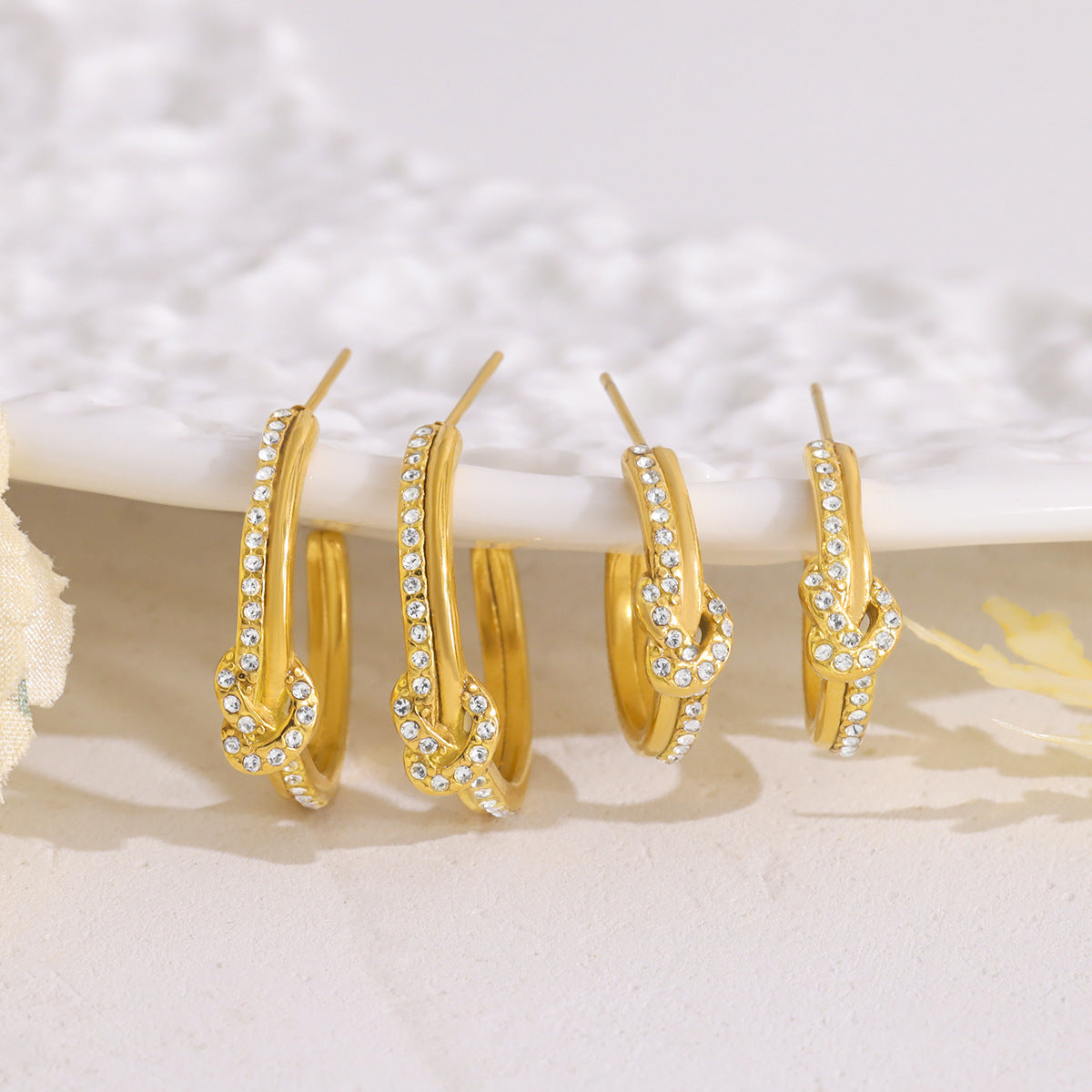 Pave CZ Knot C-Shaped Stud Earrings | 18K Gold Plated 316L Stainless Steel | Wholesale OEM