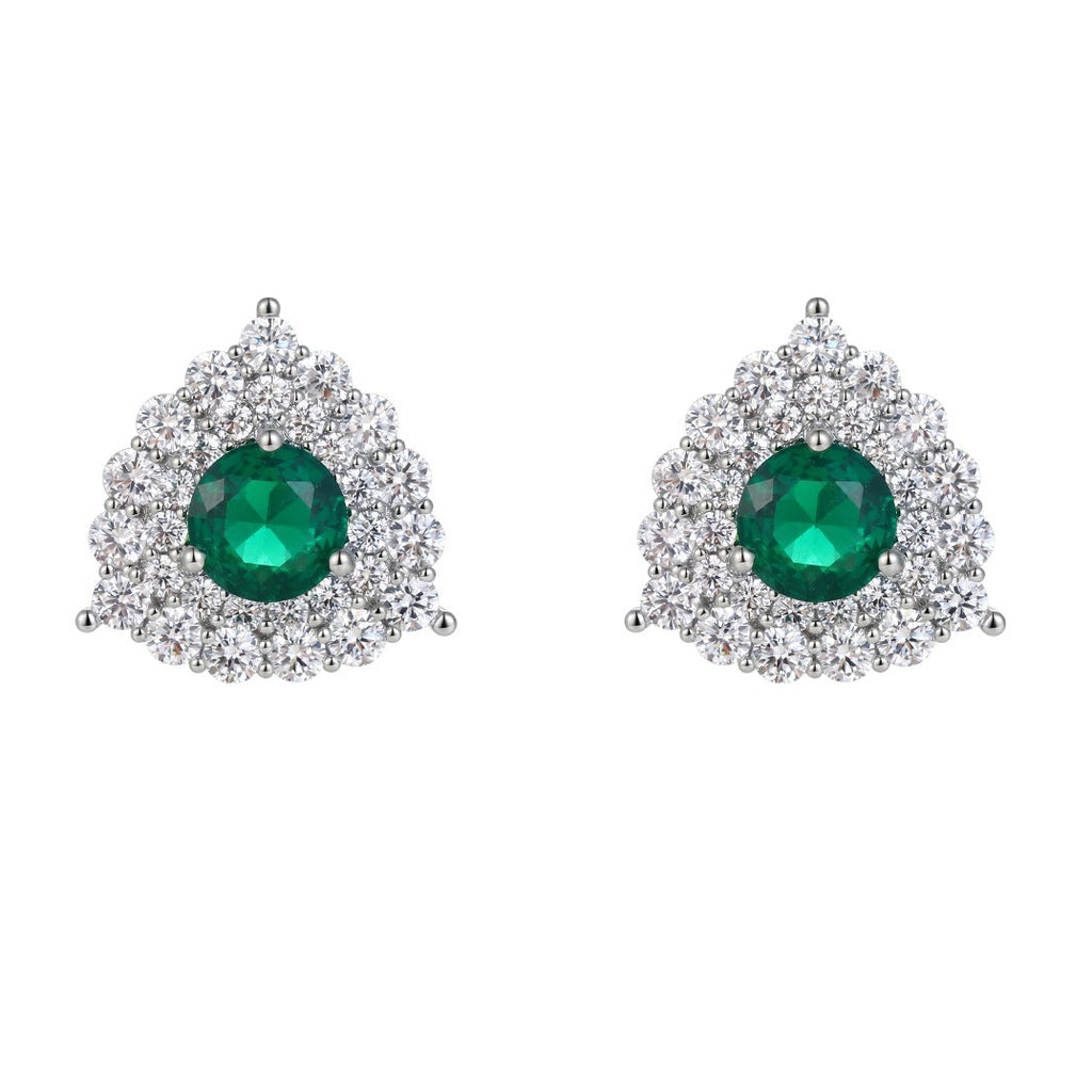 Emerald Green CZ Double Halo Triangle Stud Earrings | Silver Plated Brass | Wholesale OEM