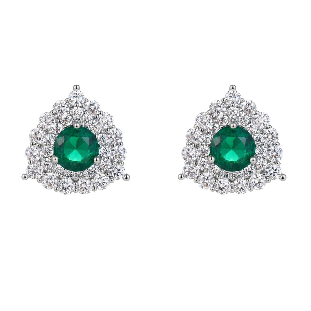 Emerald Green CZ Double Halo Triangle Stud Earrings | Silver Plated Brass | Wholesale OEM