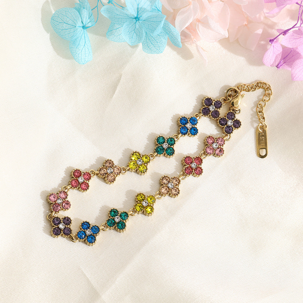 Multicolor Flower CZ Chain Bracelet | 18K Gold Plated 316L Stainless Steel | Wholesale OEM