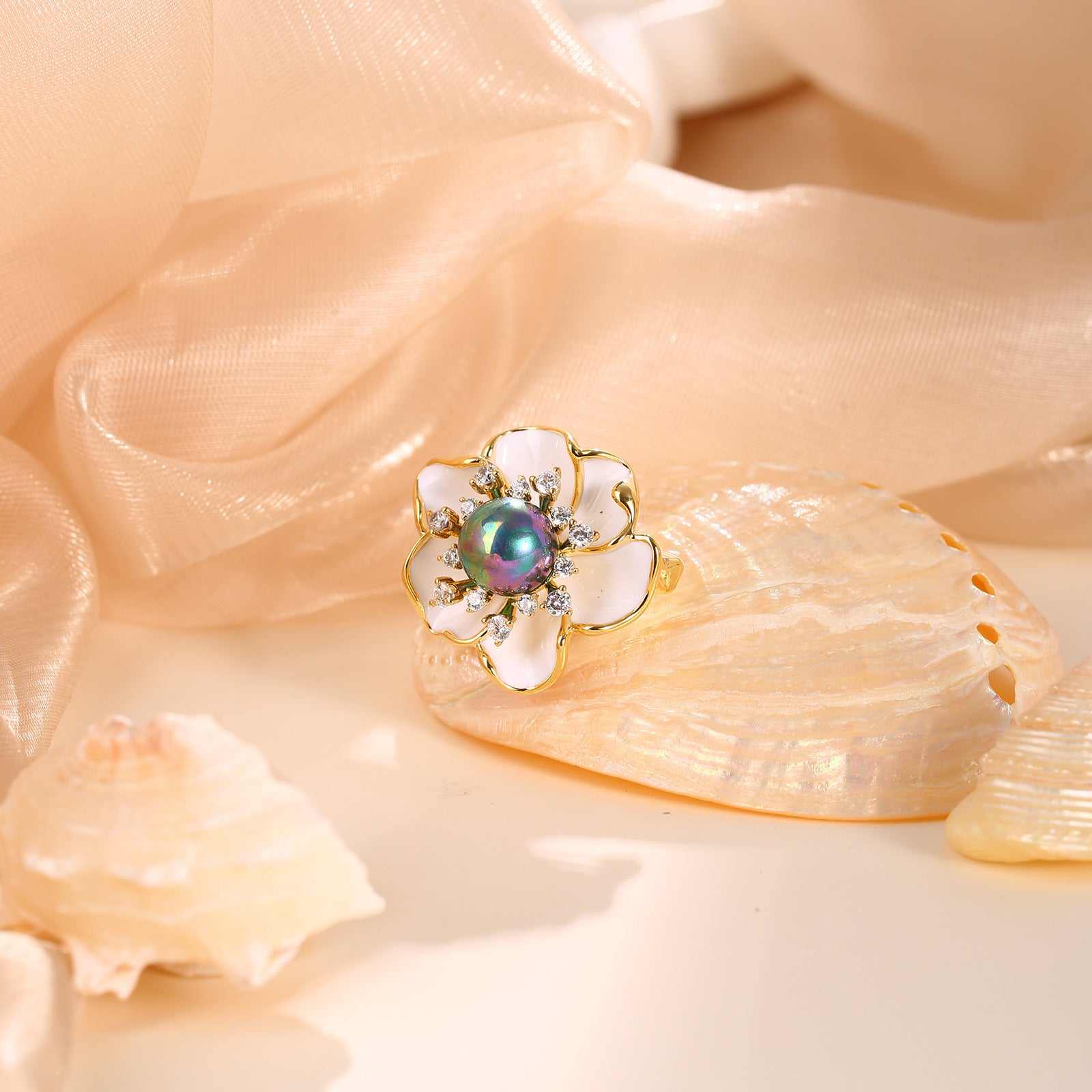 White Enamel Floral Brooch with Iridescent Pearl & CZ Halo | 18K Gold Plated Brass | Wholesale OEM