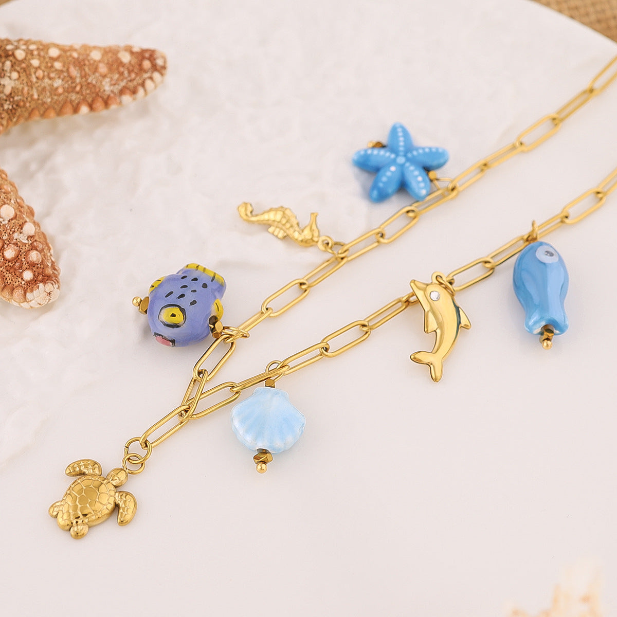 Summer Ocean Mixed Charm Paperclip Chain Necklace | 18K Gold Plated 316L Stainless Steel | Wholesale OEM