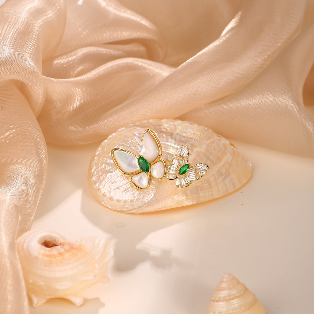 Mother of Pearl & Emerald CZ Double Butterfly Brooch | 18K Gold Plated Brass | Wholesale OEM