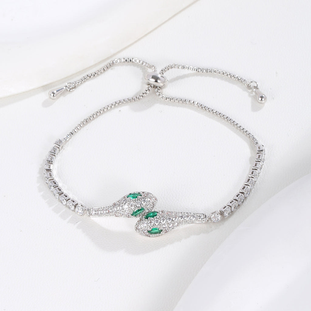 Emerald Eye Pavé CZ Double Snake Head Adjustable Tennis Bracelet | Silver Plated Brass | Wholesale OEM