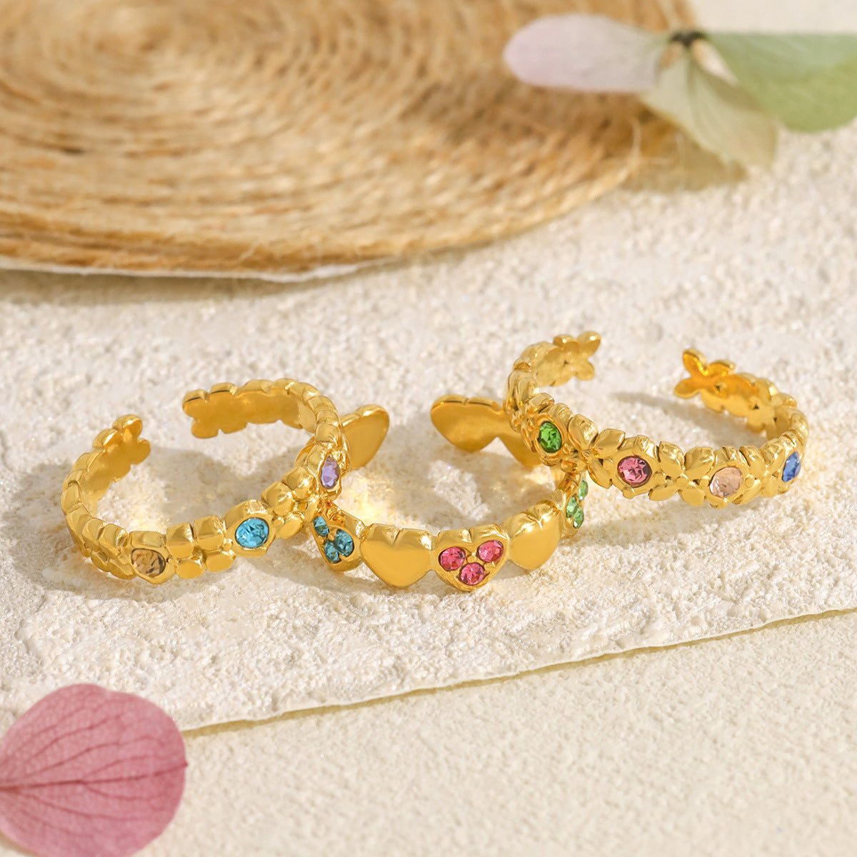 Multicolor Zircon Textured Open Ring | 18K Gold Plated 316L Stainless Steel | Wholesale OEM