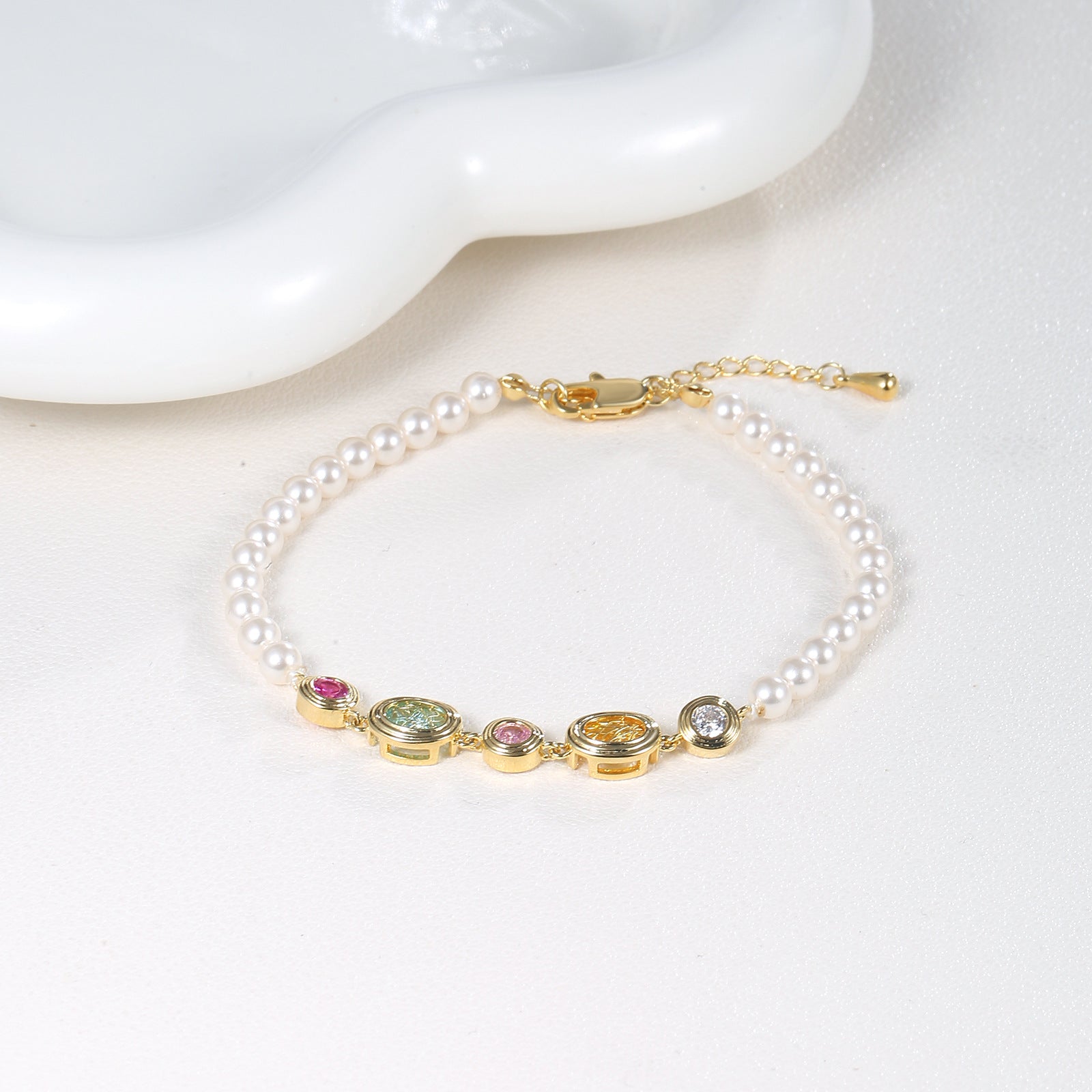 Vintage Medallion Multicolor CZ Pearl Beaded Bracelet | 18K Gold Plated Brass | Wholesale OEM