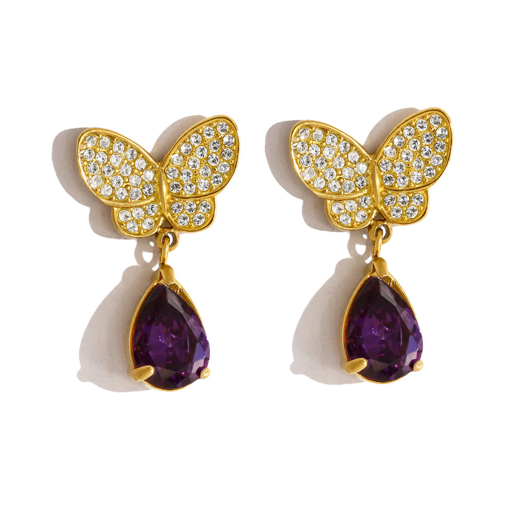 Butterfly Pave CZ Teardrop Purple Dangle Earrings | 18K Gold Plated 316L Stainless Steel | Wholesale OEM