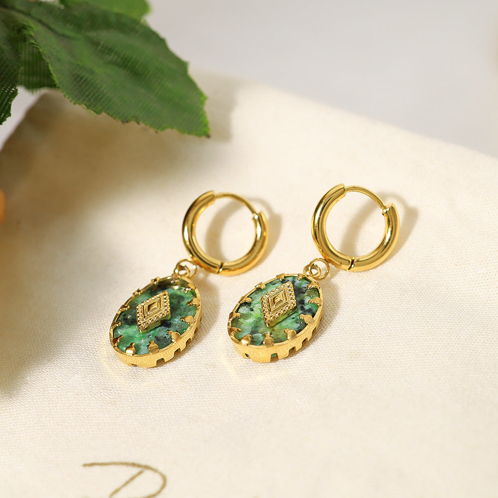 Vintage Oval Green Stone Huggie Earrings | 18K Gold Plated 316L Stainless Steel | Wholesale OEM