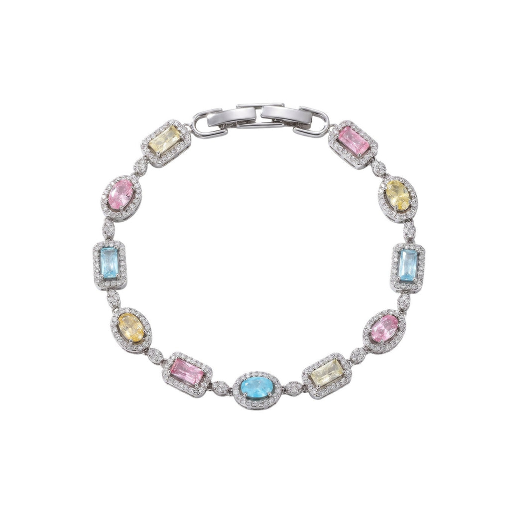 Multicolor Mixed Cut CZ Halo Link Bracelet | Silver Plated Brass | Wholesale OEM