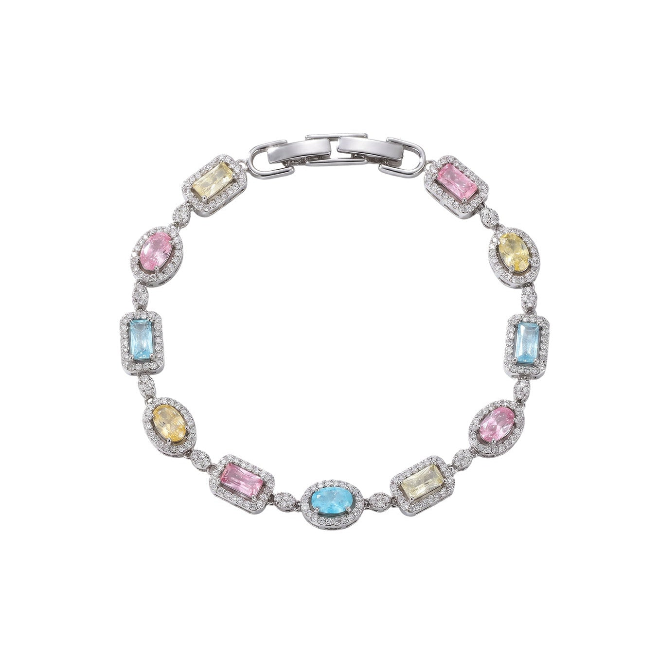 Multicolor Mixed Cut CZ Halo Link Bracelet | Silver Plated Brass | Wholesale OEM