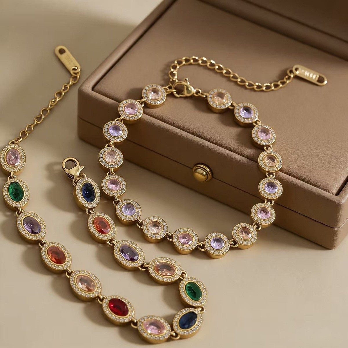 Multicolor Oval CZ Halo Bracelet | 18K Gold Plated 316L Stainless Steel | Wholesale OEM