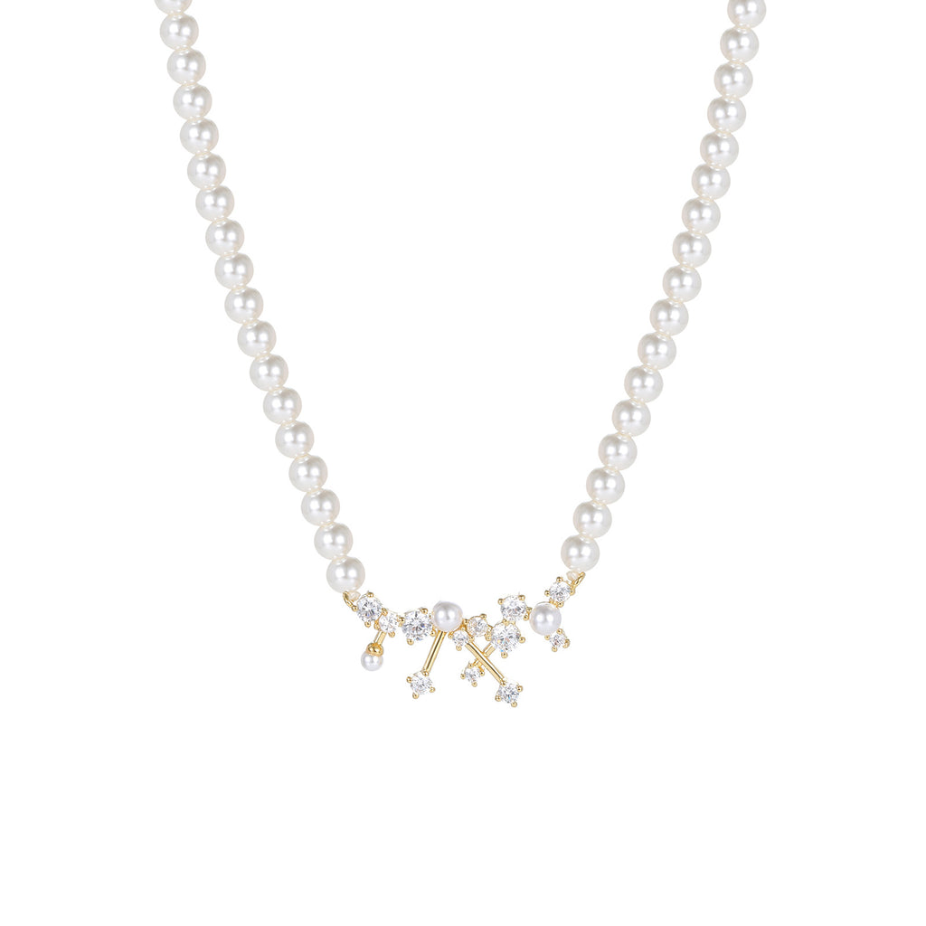 Lustrous Pearl Strand Necklace with CZ Cluster Pendant | 18K Gold Plated Brass | Wholesale OEM