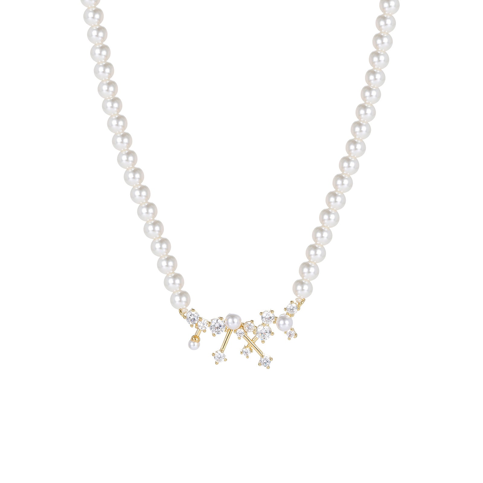 Lustrous Pearl Strand Necklace with CZ Cluster Pendant | 18K Gold Plated Brass | Wholesale OEM