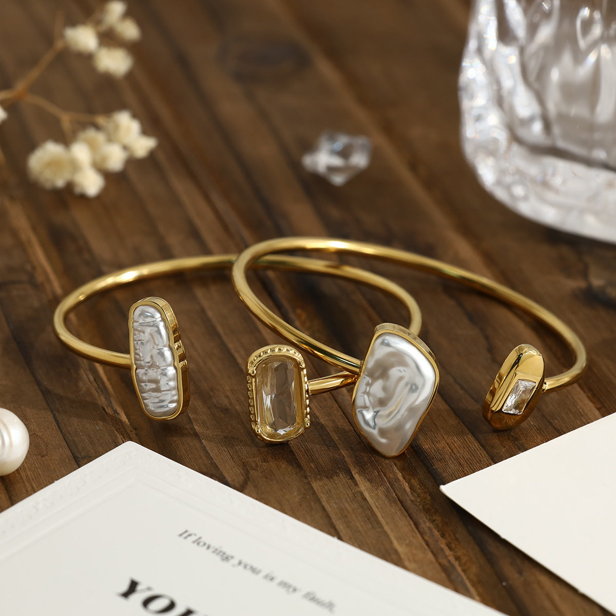 Baroque Pearl Open Cuff Bangle | 18K Gold Plated 316L Stainless Steel | Wholesale OEM