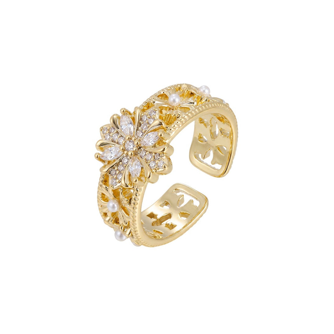 Vintage Floral CZ Pearl Hollow Open Ring | 18K Gold Plated Brass | Wholesale OEM