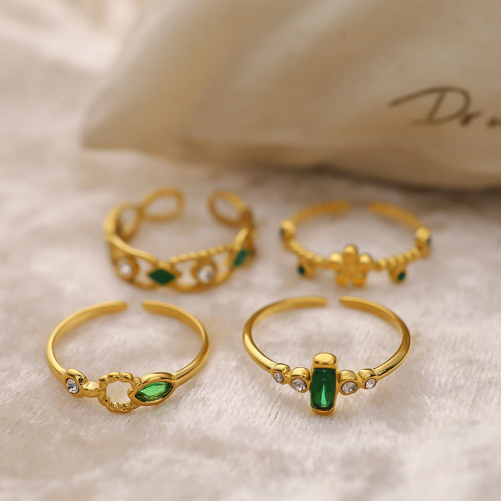 Emerald Green CZ Vintage Ring | 18K Gold Plated 316L Stainless Steel | Adjustable Wholesale